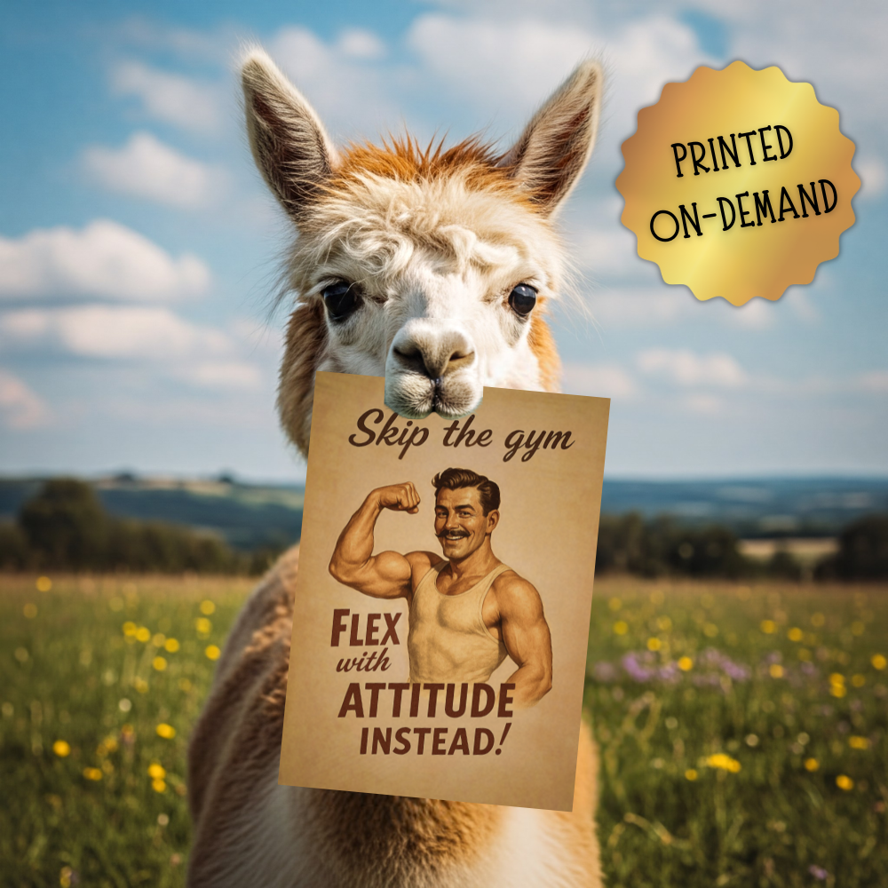 Llama holding a sign with a printed-on-demand badge in a field.