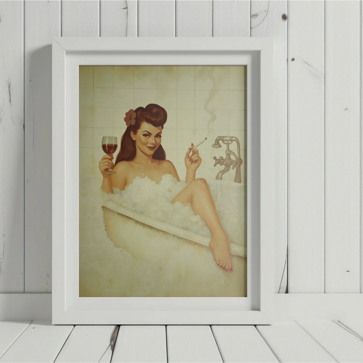 Vintage Bathroom Pin-Up Poster | Retro Bubble Bath Wall Art Print | 1940s Glamour Bathroom Decor