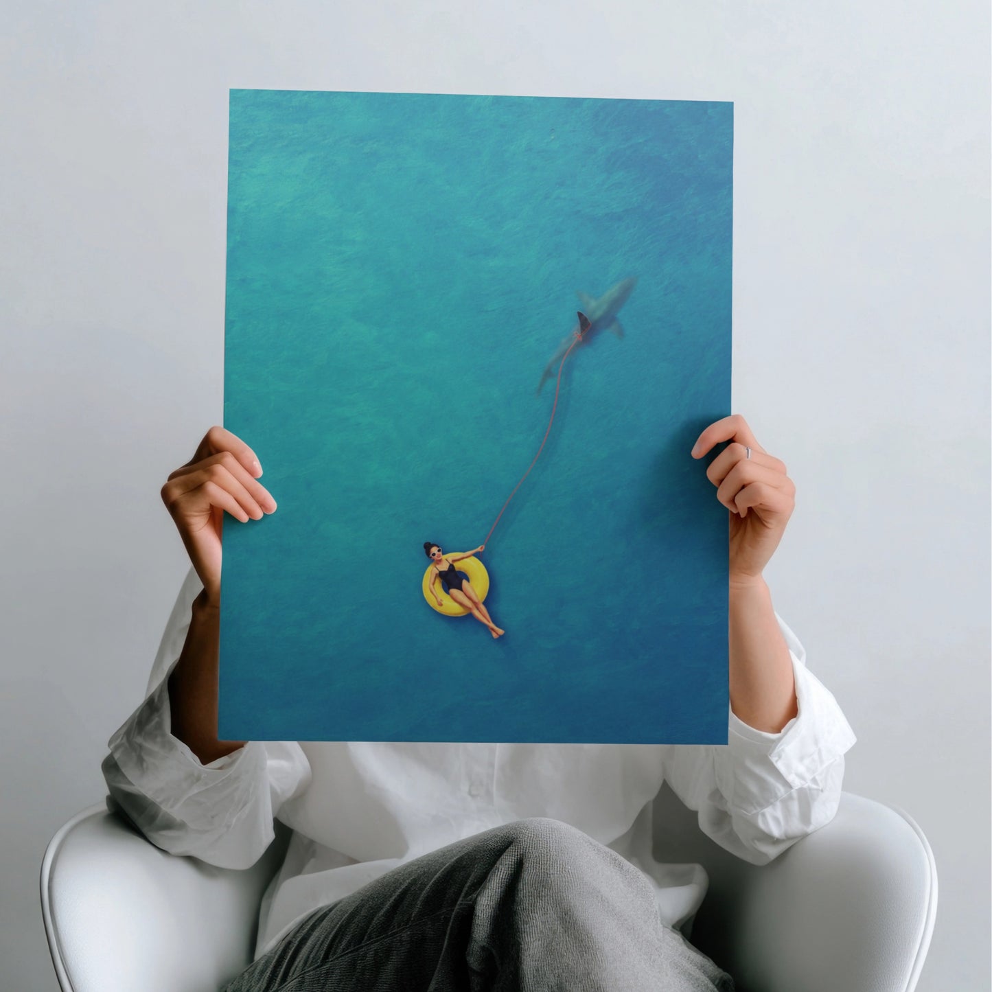 Swimmer Walking a Shark Art Print
