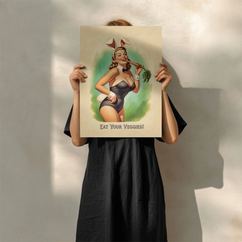 Person holding a poster with a vintage-style illustration of a woman eating vegetables, with text 'Eat Your Veggies!'.