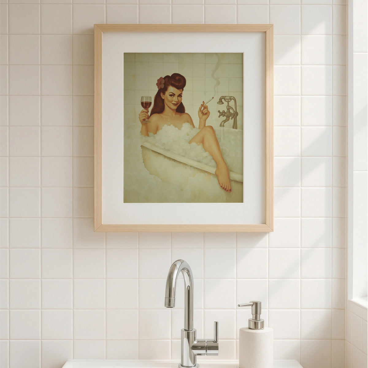 Vintage Bathroom Pin-Up Poster | Retro Bubble Bath Wall Art Print | 1940s Glamour Bathroom Decor