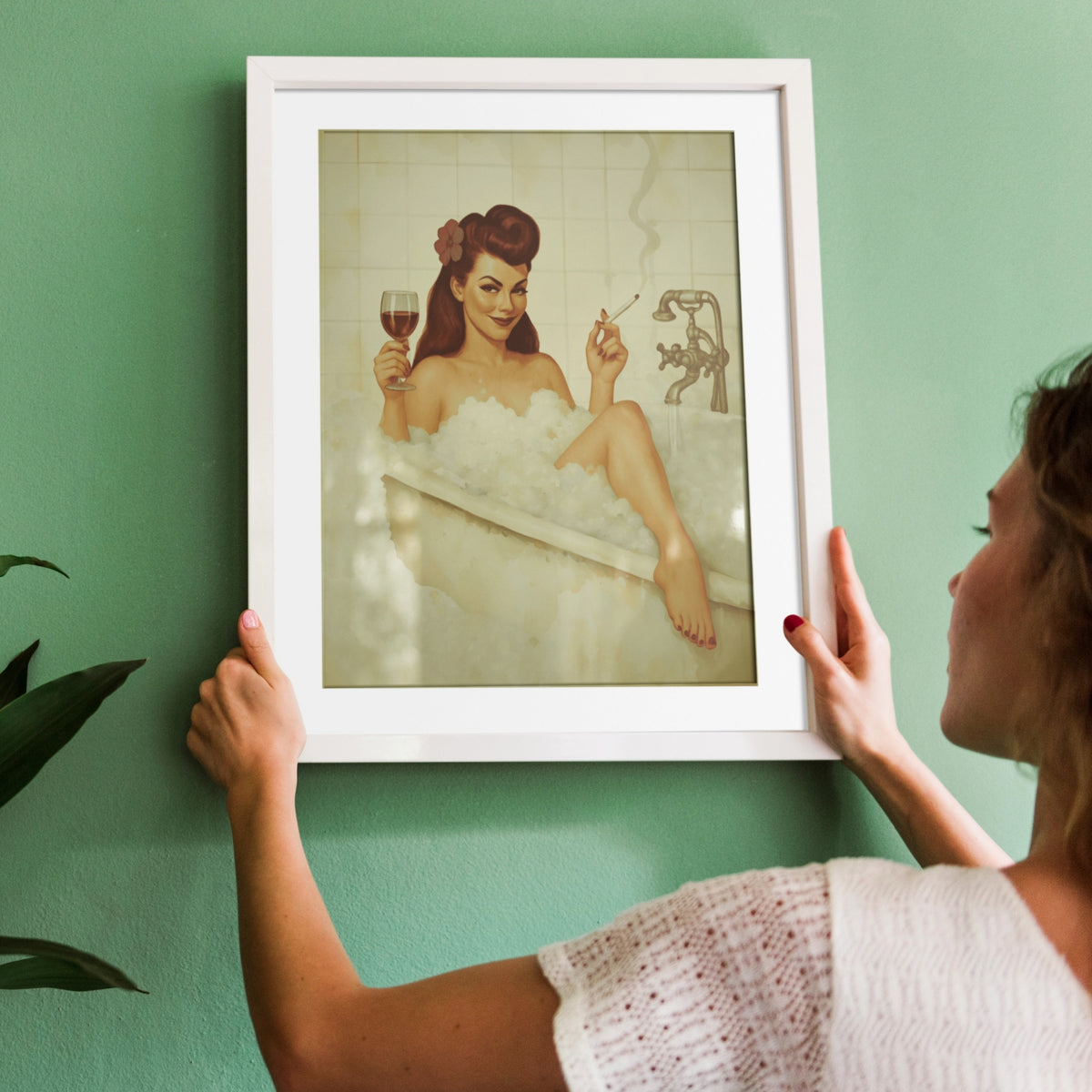 Vintage Bathroom Pin-Up Poster | Retro Bubble Bath Wall Art Print | 1940s Glamour Bathroom Decor