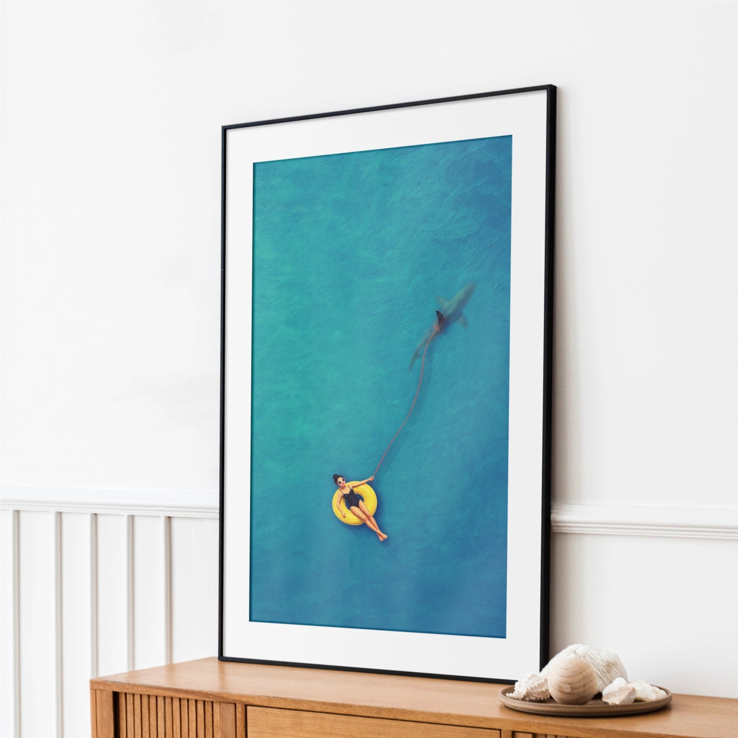 Swimmer Walking a Shark Art Print
