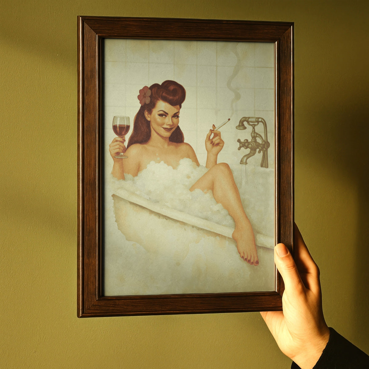 Vintage Bathroom Pin-Up Poster | Retro Bubble Bath Wall Art Print | 1940s Glamour Bathroom Decor