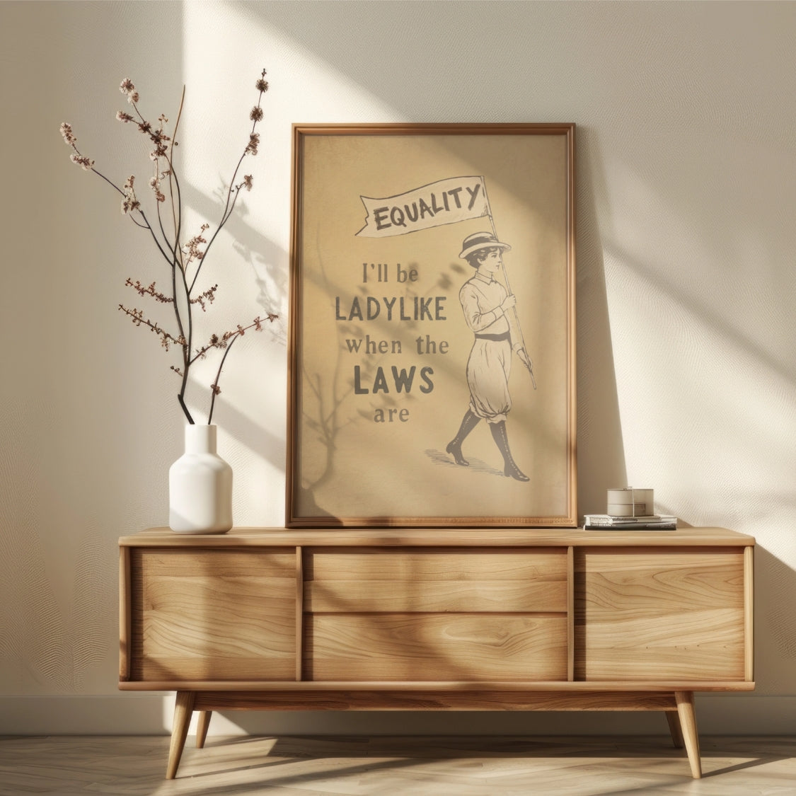 Wooden sideboard with a framed poster on a beige wall