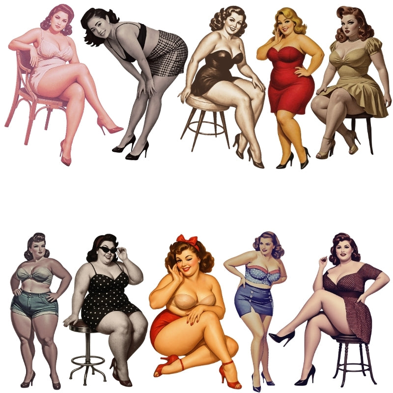 Illustrations of women in vintage-style outfits on a white background