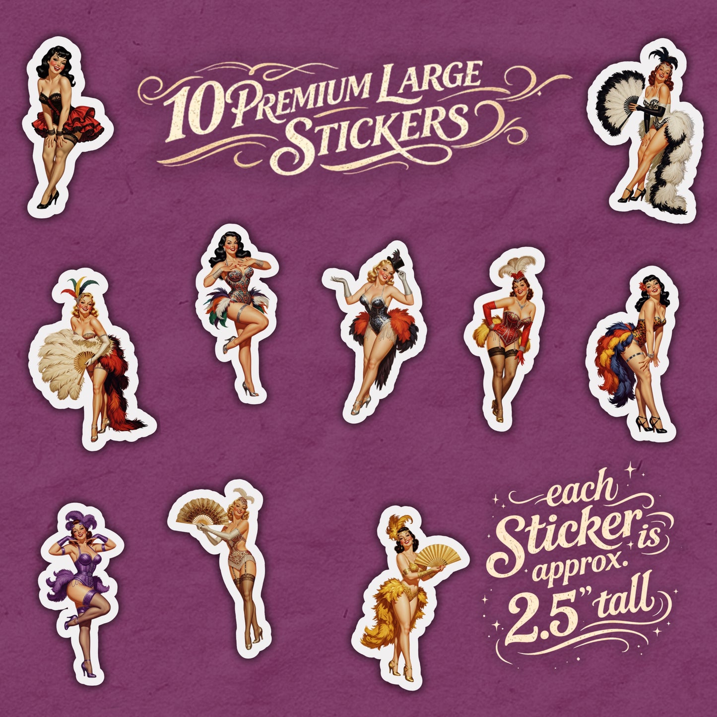 Set of 10 premium large stickers featuring vintage-style women on a purple background.