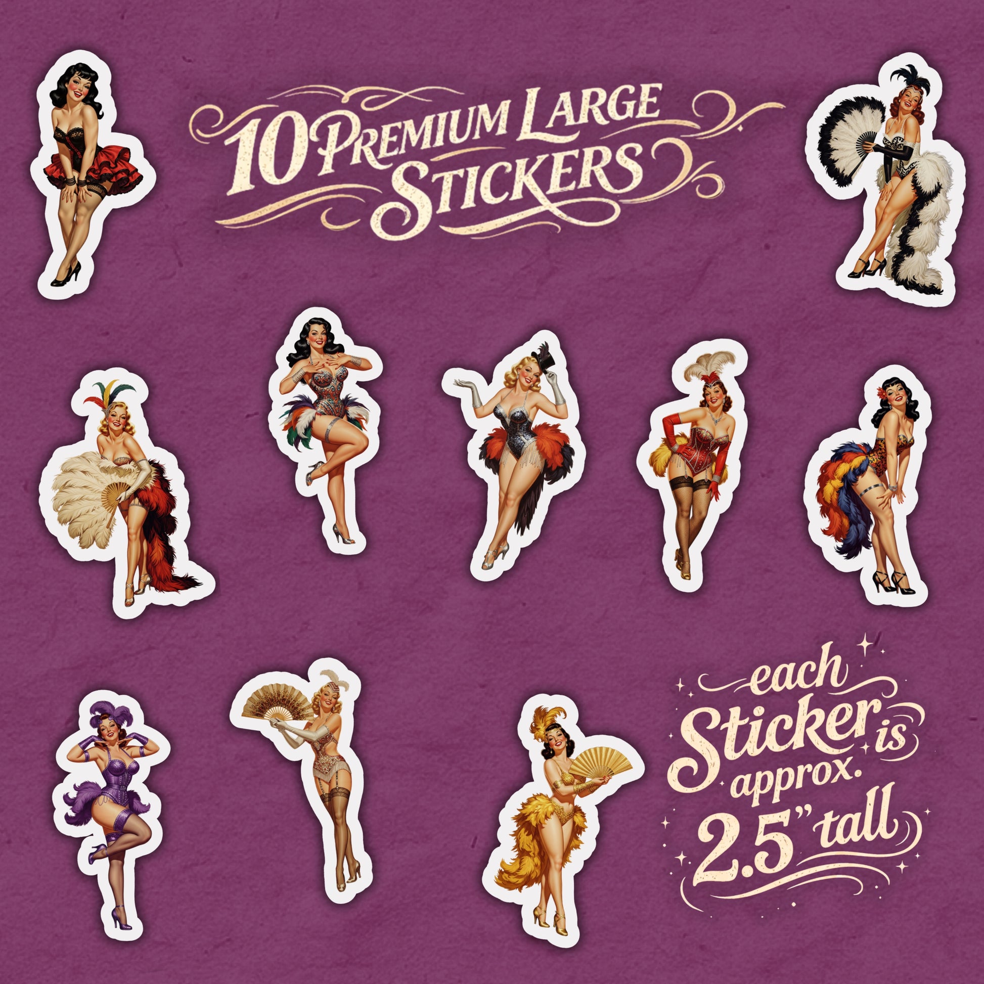 Set of 10 premium large stickers featuring vintage-style women on a purple background.
