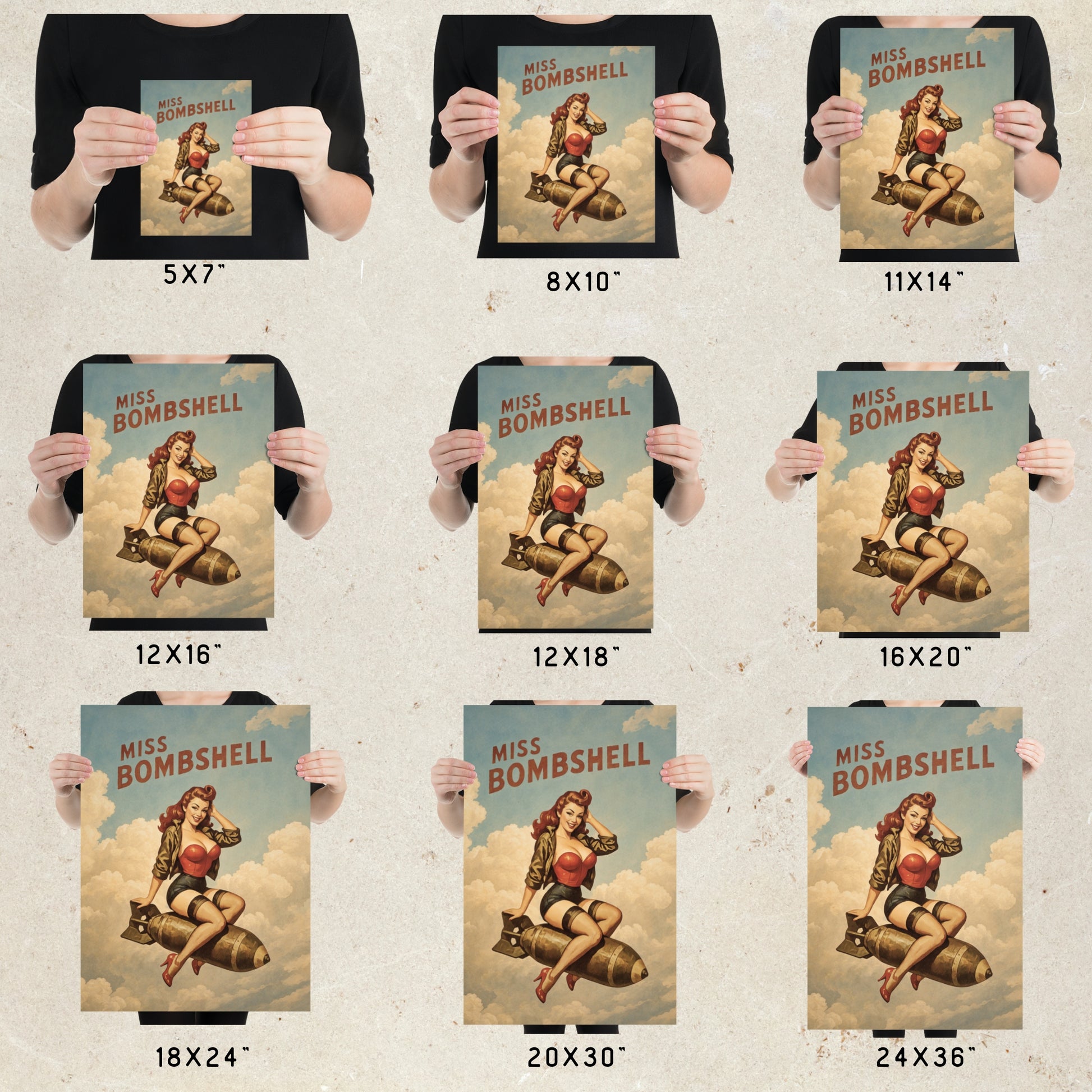 Person holding 'Miss Bombshell' posters of varying sizes against a beige background