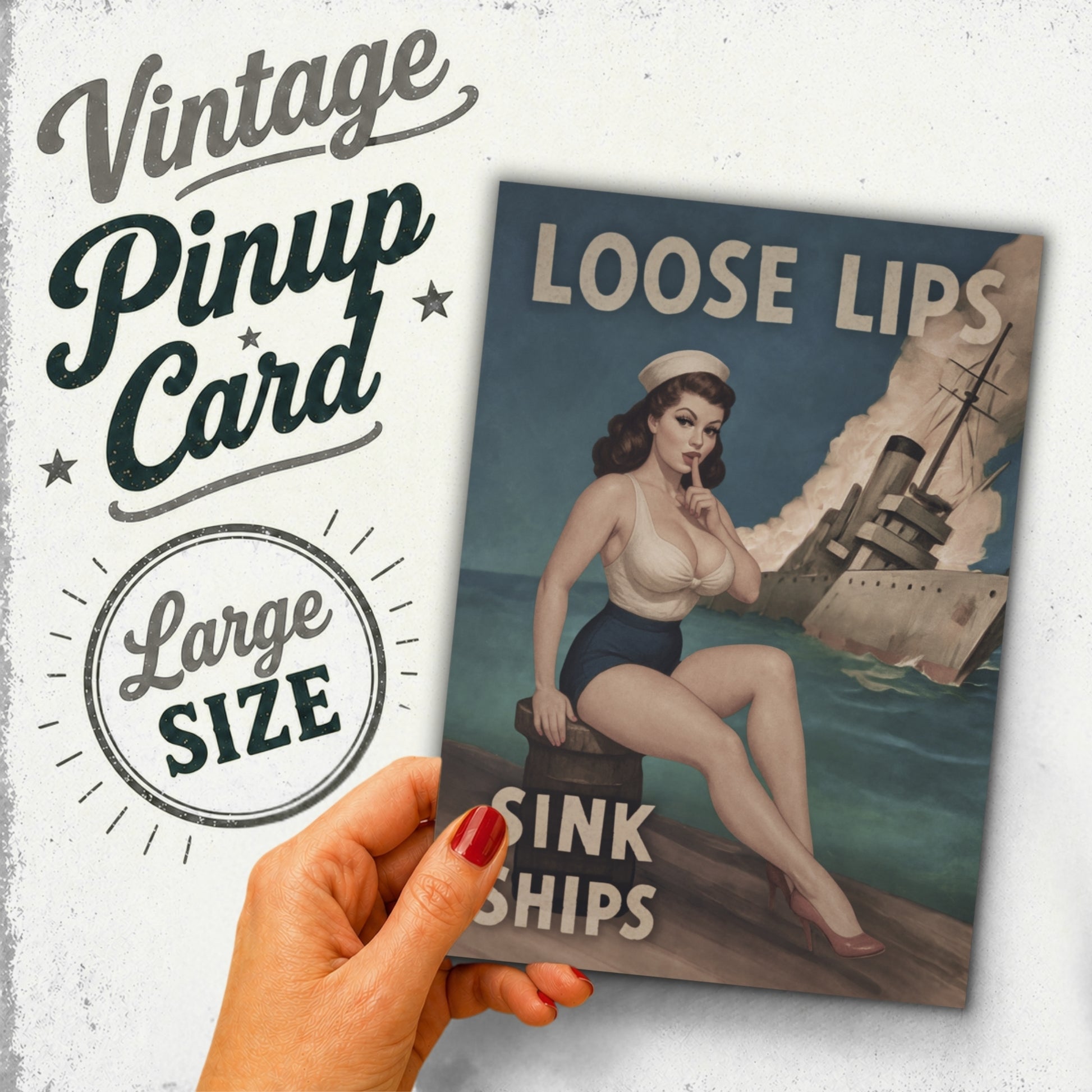 Vintage-style pin-up card with a woman and ship, held by a hand.