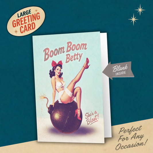 Boom Boom Betty Retro Pinup Greeting Card | Cheeky Vintage Bombshell
