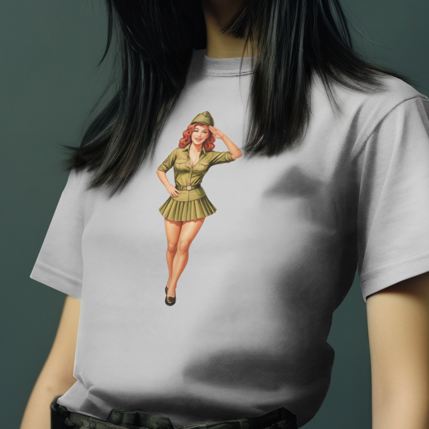 White t-shirt with a graphic of a woman in a green military uniform on a dark background
