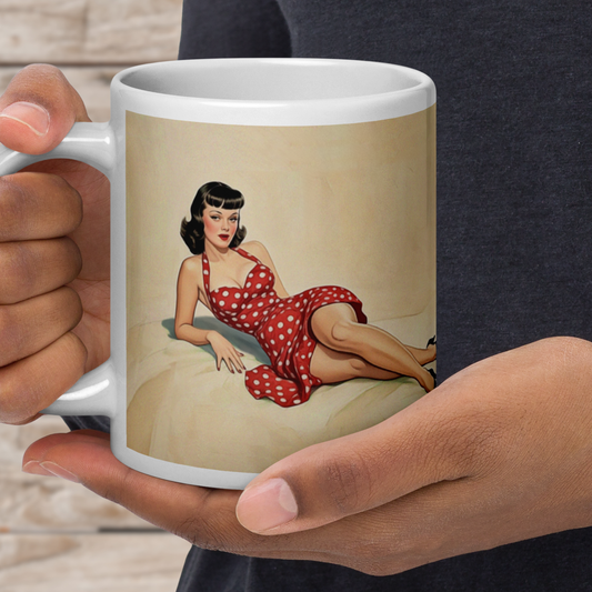 Vintage pin-up coffee mug featuring a retro 1940s–1950s pinup illustration
