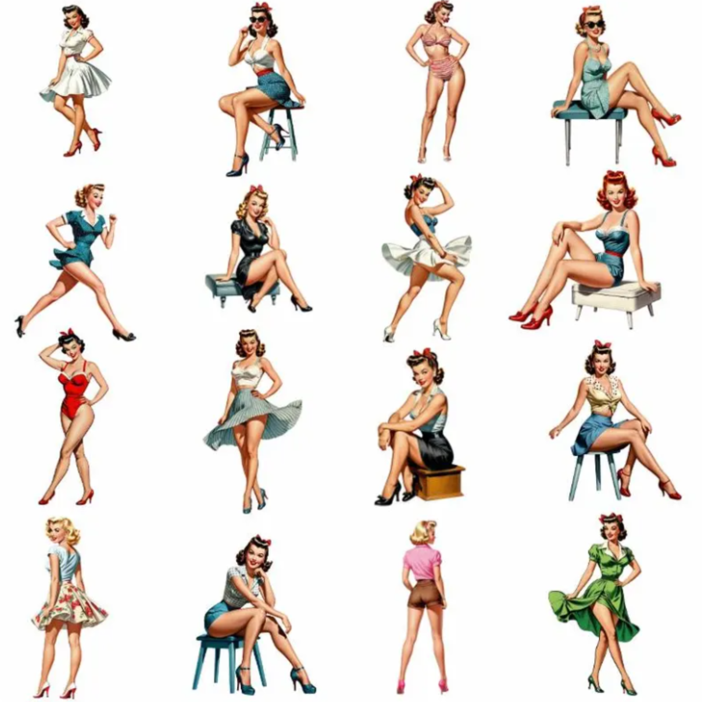 Set of 16 vintage-style illustrations of women in various poses and outfits on a white background.