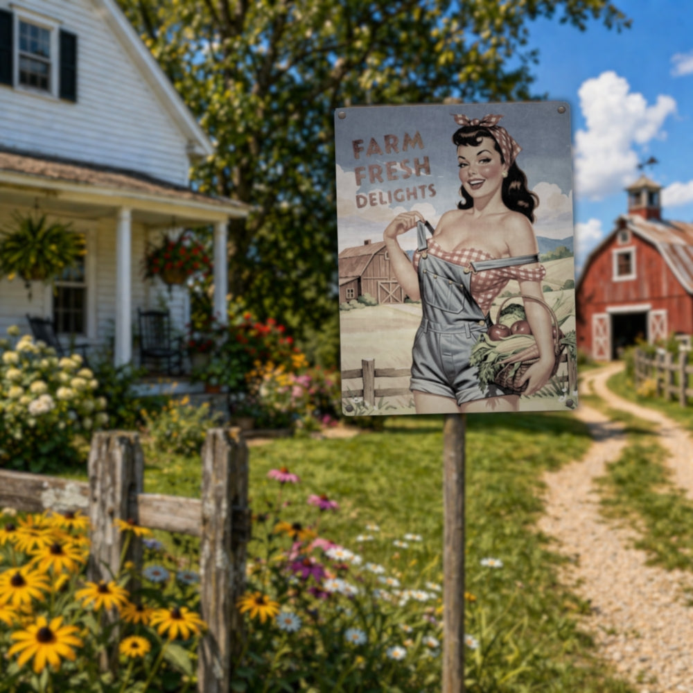 Farm Fresh Delights country pinup farm girl metal poster on a wood pole on a farm