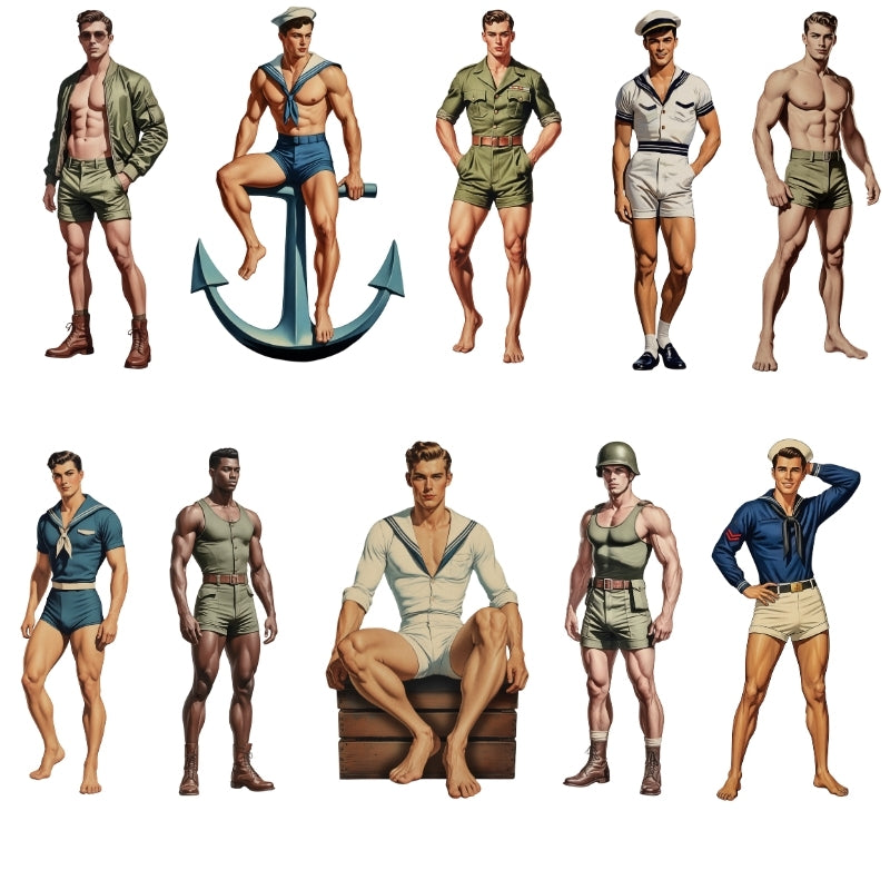 Collection of men in vintage swimwear and nautical outfits on a white background