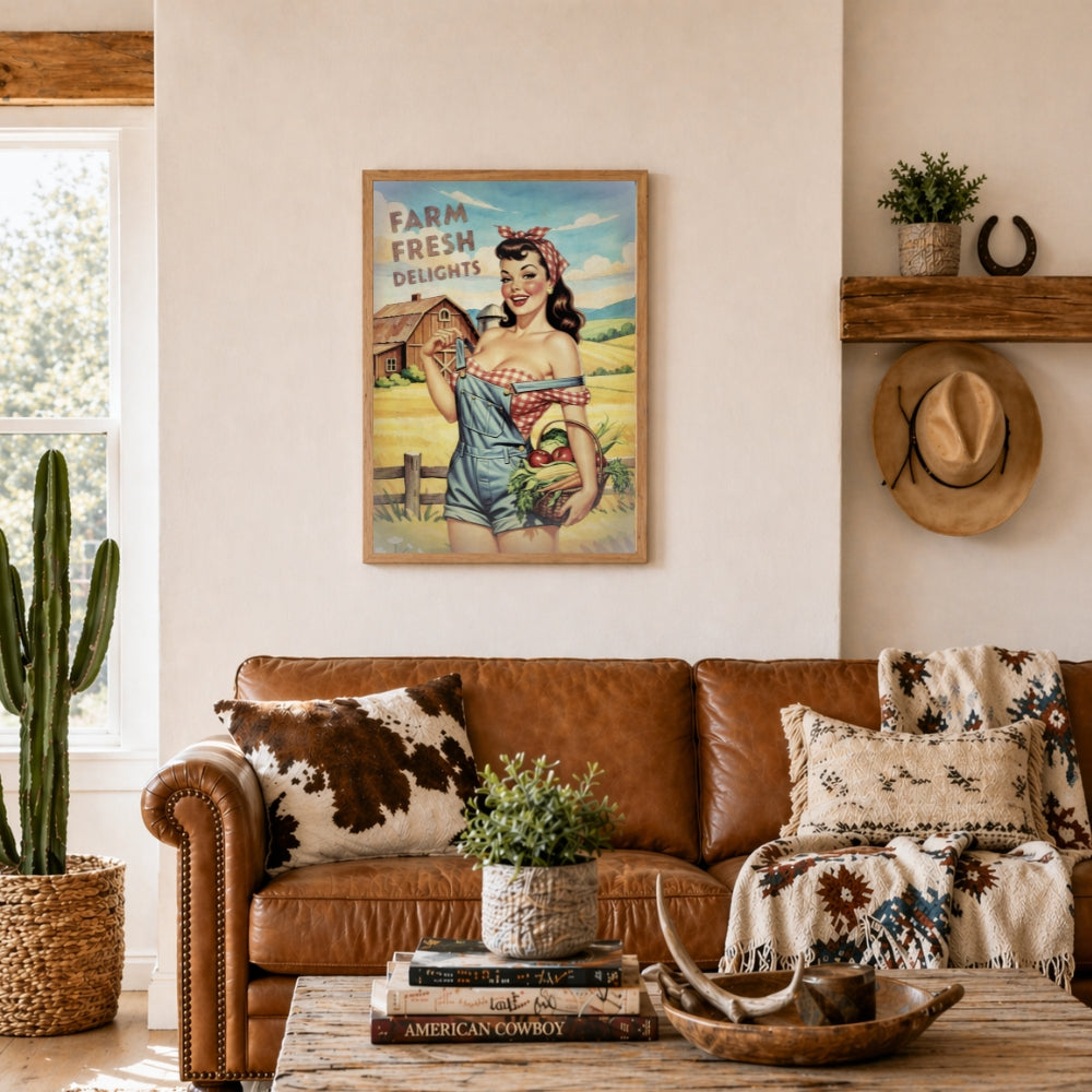 Living room with a brown leather sofa, decorative pillows, and a framed vintage poster on the wall.