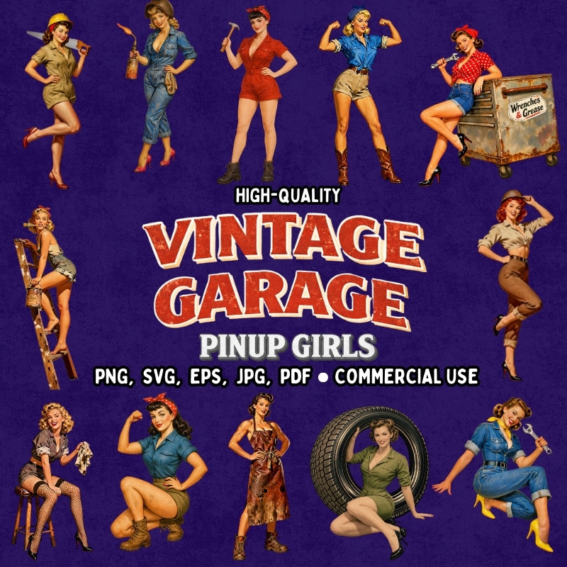 Vintage garage pinup girls on a purple background with text about product formats and usage.