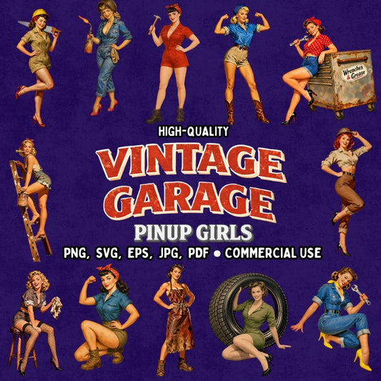 Vintage garage pinup girls on a purple background with text about product formats and usage.
