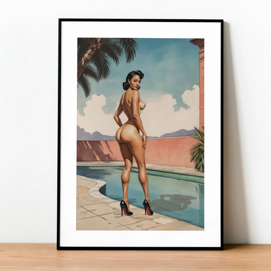 Framed artwork of a vintage pinup woman by a pool with palm trees