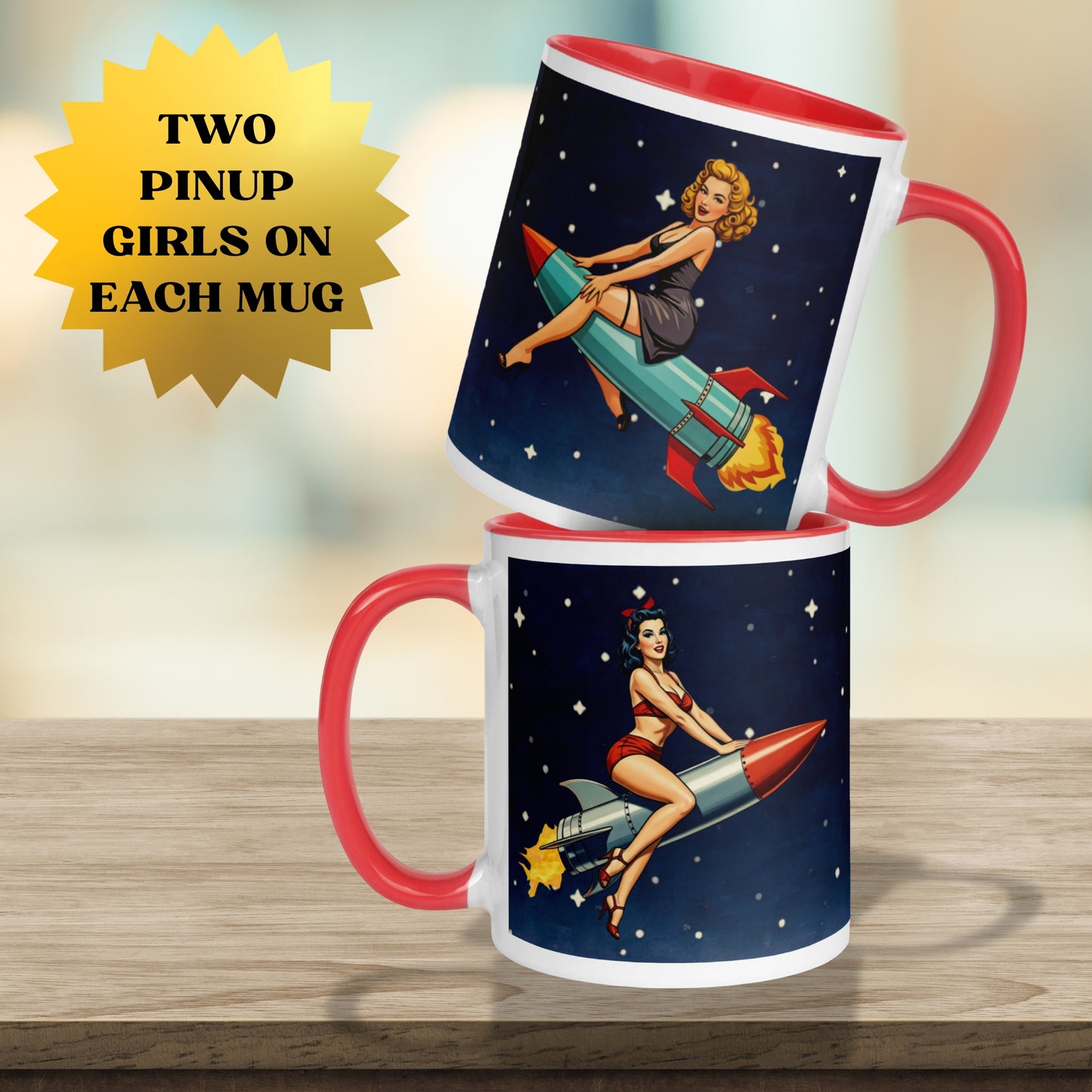 Retro Pin Up Rocket Mug | Vintage Space Girl Coffee Cup | Atomic Age Bombshell Art | Mid Century Sci-Fi Gift