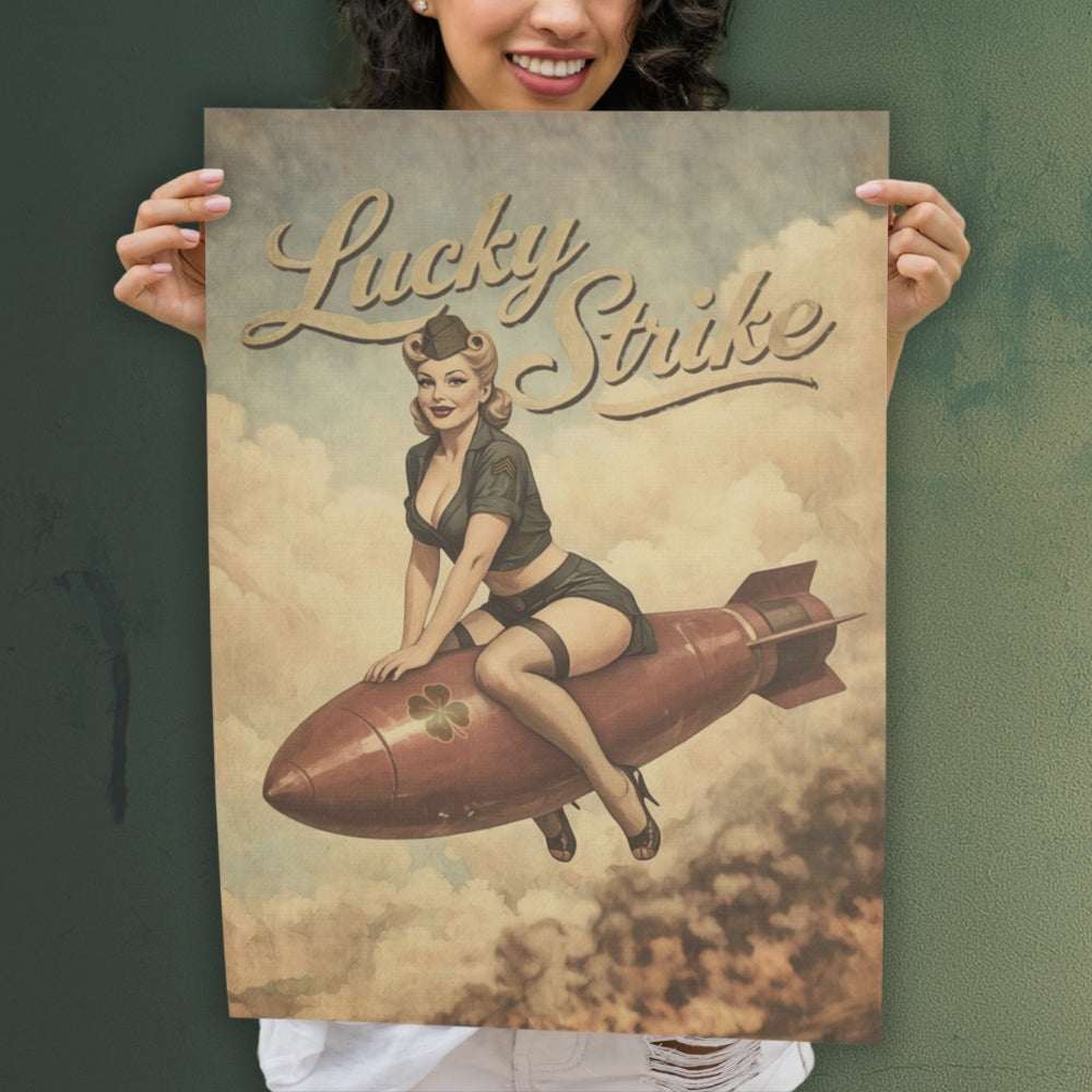 Person holding a 'Lucky Strike' poster with a woman on a rocket.