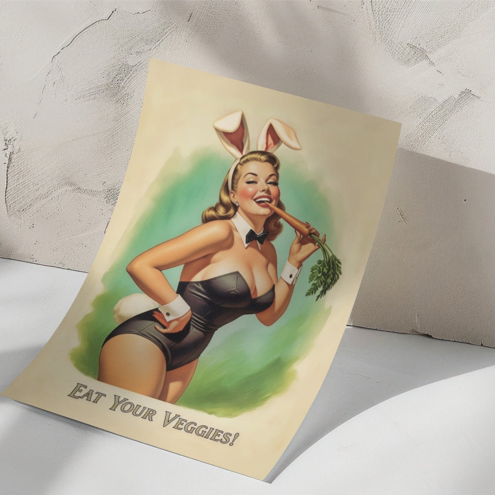 Vintage-style poster with a woman in bunny ears holding a carrot, with 'Eat Your Veggies!' text.