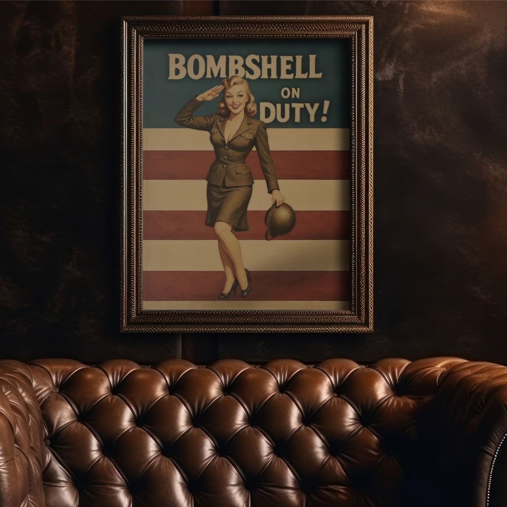 Framed vintage-style poster with a woman holding a bomb on an American flag, displayed above a brown leather couch.