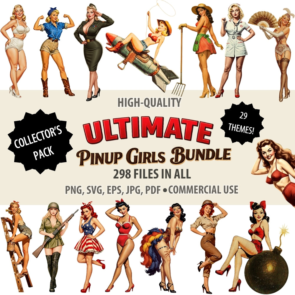 Promotional graphic for the 'Ultimate Pinup Girls Bundle' with various pinup girls illustrations.