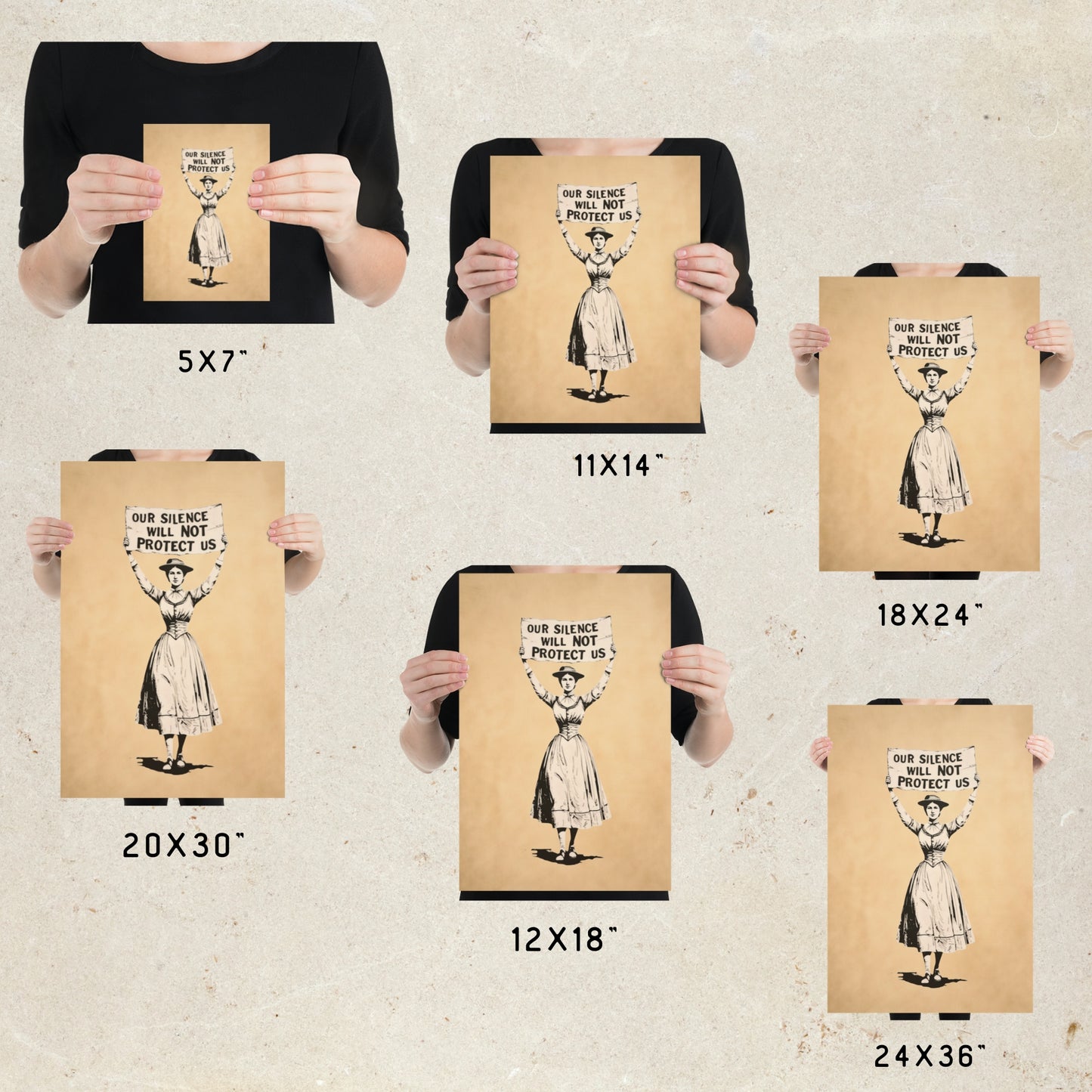 Person holding a poster with text and a graphic of a woman, showing different sizes of the poster.