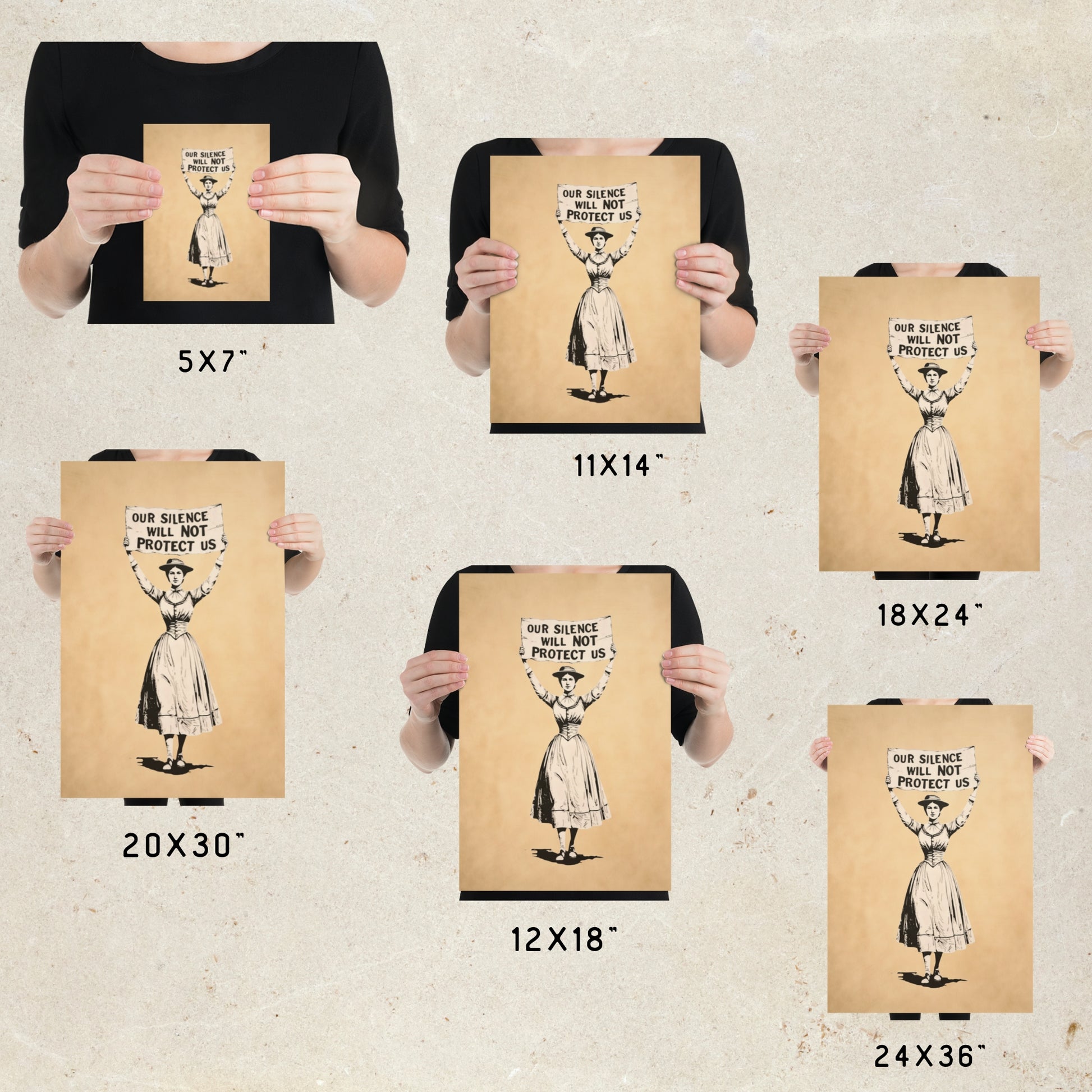 Person holding a poster with text and a graphic of a woman, showing different sizes of the poster.