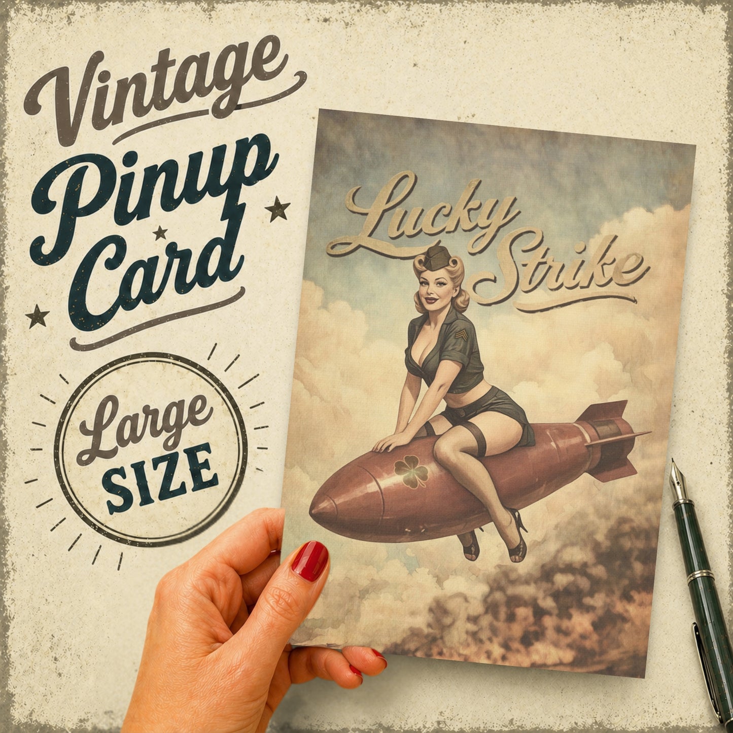 Vintage-style pin-up card with a woman on a rocket, held by a hand, with 'Lucky Strike' branding.