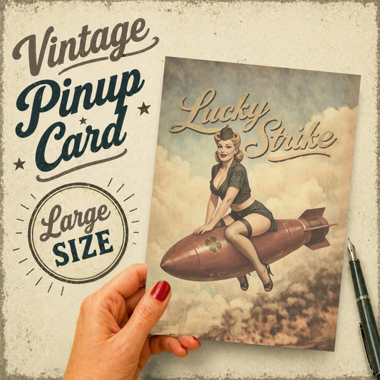 Vintage-style pin-up card with a woman on a rocket, held by a hand, with 'Lucky Strike' branding.