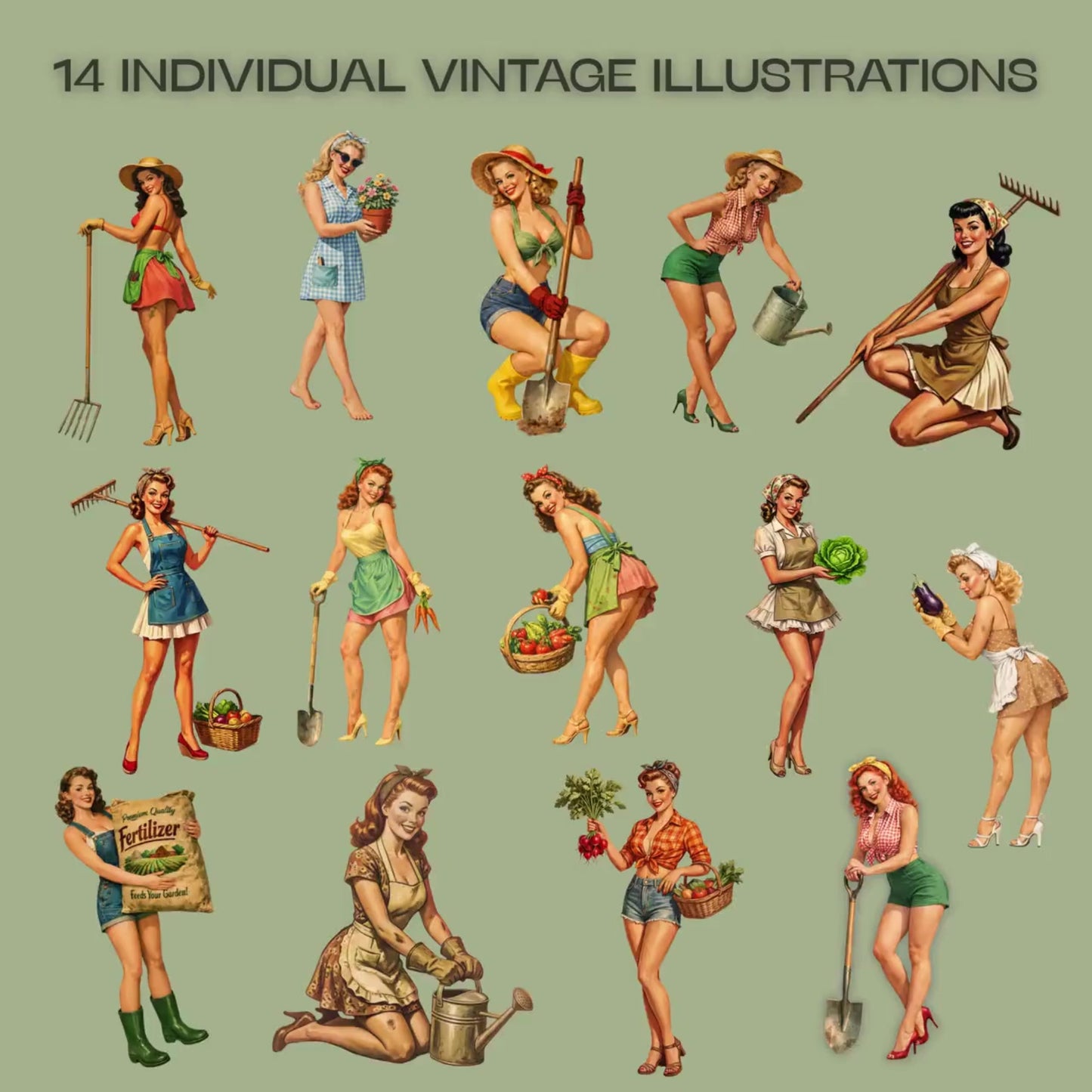 14 vintage illustrations of women engaged in various gardening activities on a light green background.