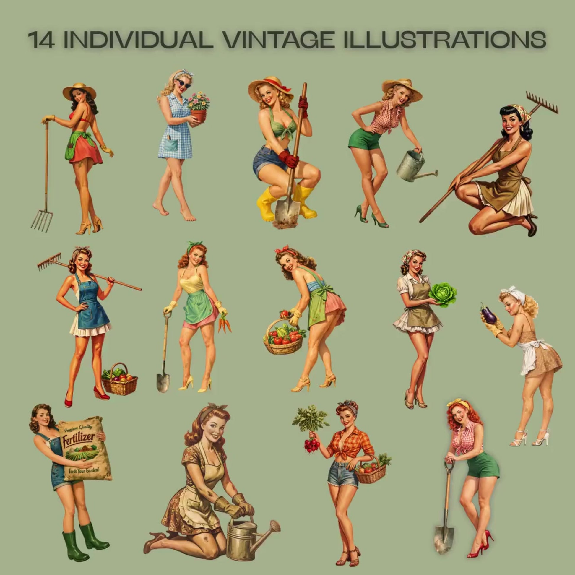 14 vintage illustrations of women engaged in various gardening activities on a light green background.