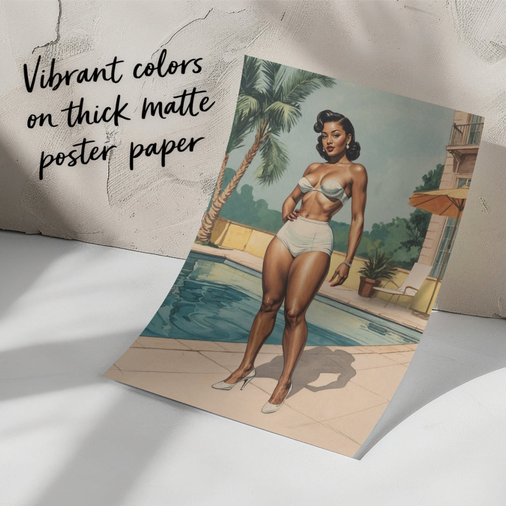 Poster of a black woman in a bikini by a pool with text about paper texture.