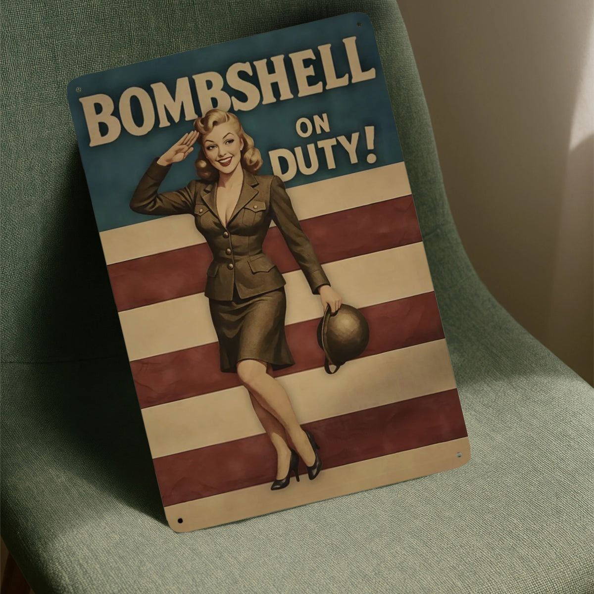Bombshell on Duty Vintage Military Metal Sign
