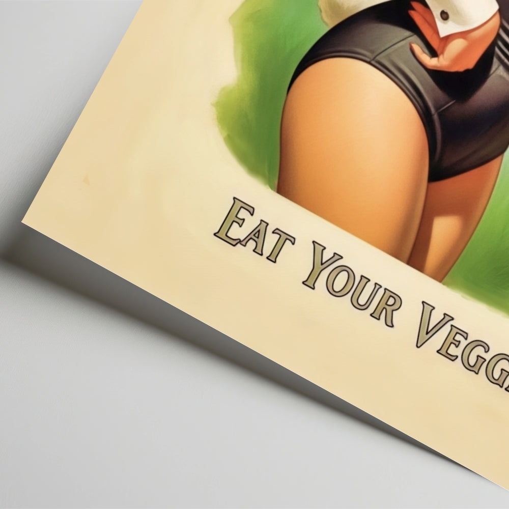 Illustration of a person in a swimsuit with 'Eat Your Veggies' text on a beige background