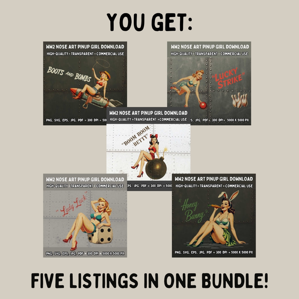 Five vintage-style pin-up girl artwork downloads in a bundle on a beige background.