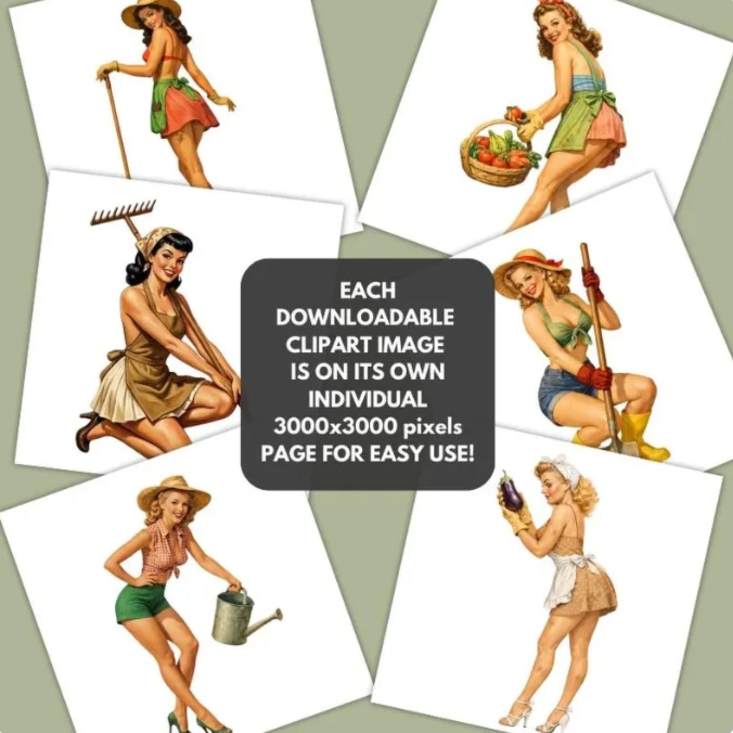 Set of vintage-style clipart images of women in various poses on a light gray background.