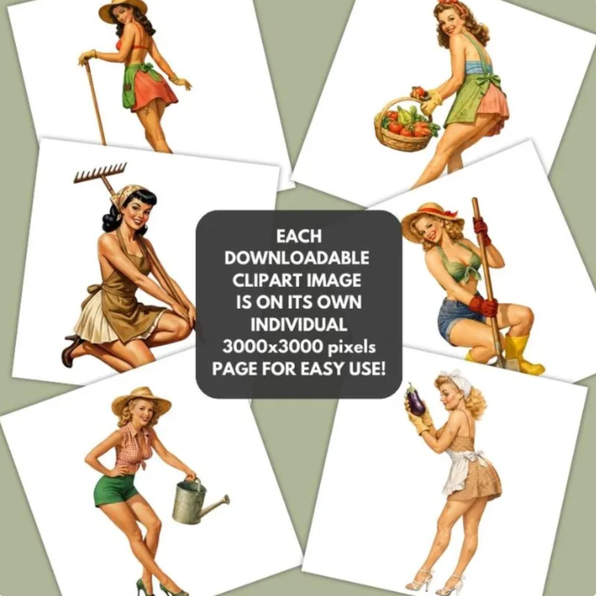 Set of vintage-style clipart images of women in various poses on a light gray background.