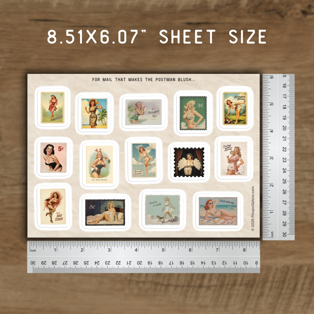 Sheet of vintage-style stamps with a ruler for size reference on a wooden surface
