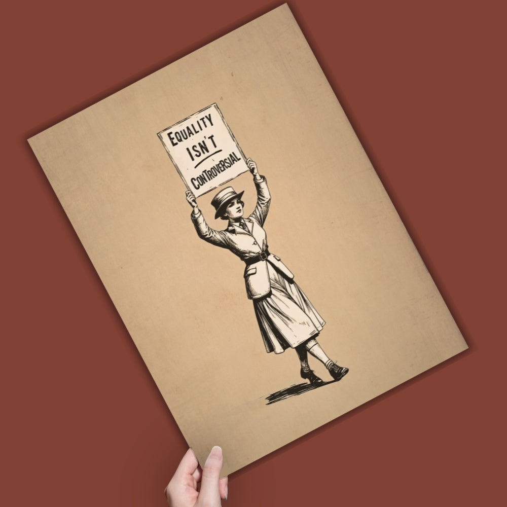Illustration of a person holding a sign with 'EQUALITY ISN'T CONVERSATIONAL' on a brown background.