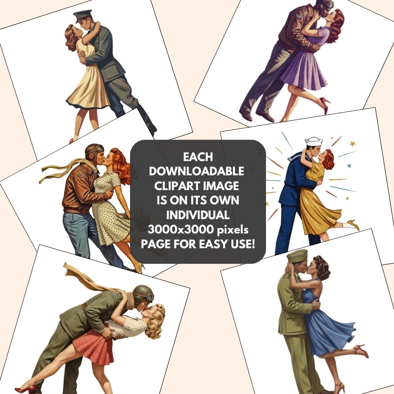 Collage of vintage-style clipart images of couples embracing on a beige background.