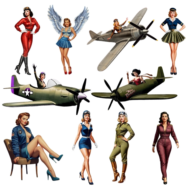 Illustrations of women in various uniforms and poses with airplanes on a white background