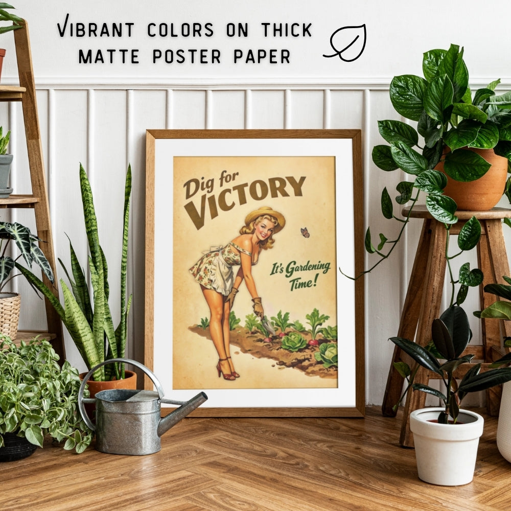 Framed 'Dig for Victory' poster in a home setting with plants and decor.