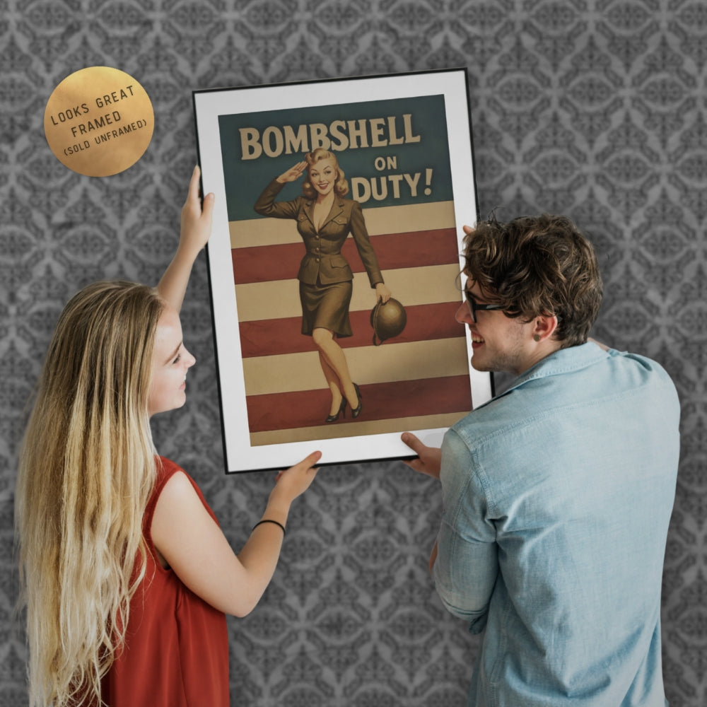Two people looking at a framed vintage-style poster with a woman in uniform and 'Bombshell on Duty!' text.