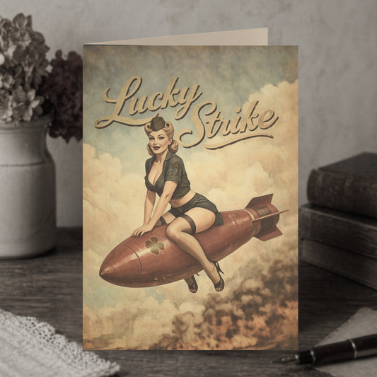 Lucky Strike Retro Pinup Card – Vintage Bombshell Rocket Greeting