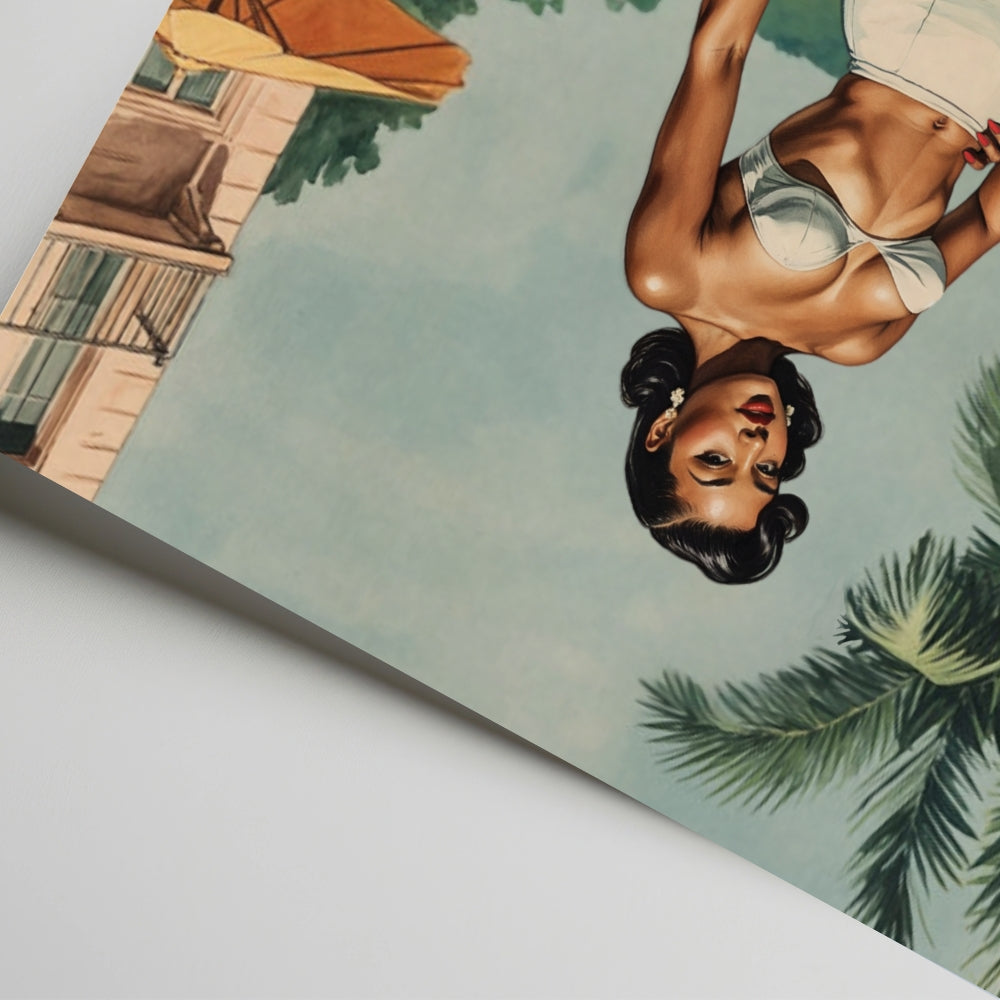 Vintage-style poster of a woman in a bikini against a tropical background