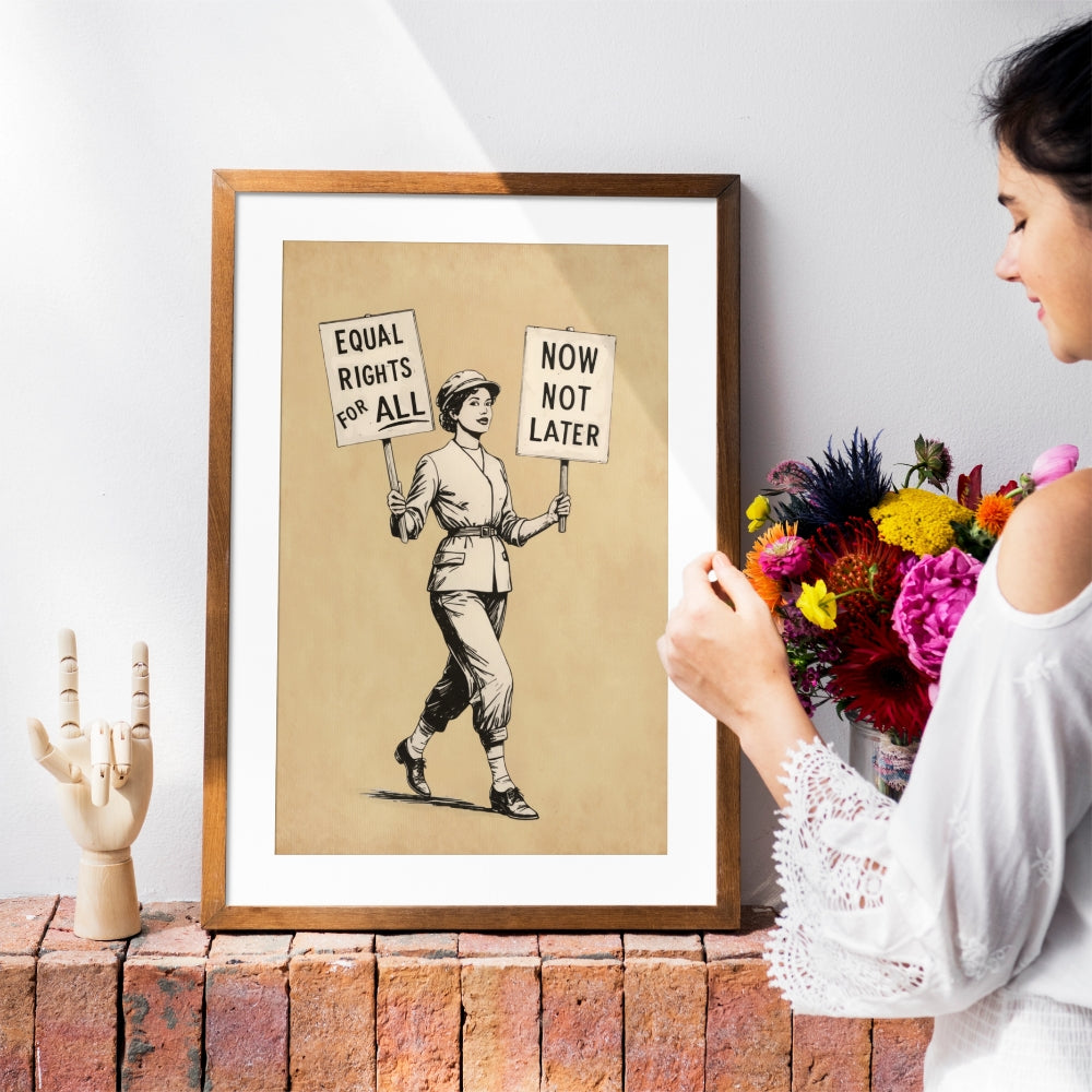 Framed artwork of a person holding signs with text, displayed on a wall next to a woman holding flowers.